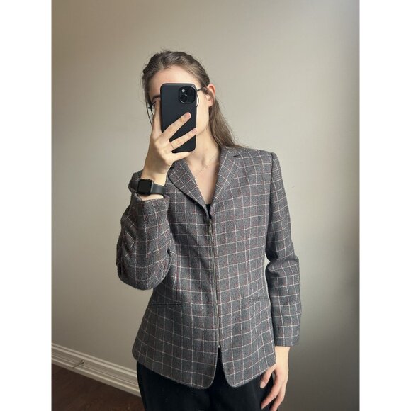 Women's Gray Zip Up Blazer With Red and White Windowpane Detail - Picture 8 of 8